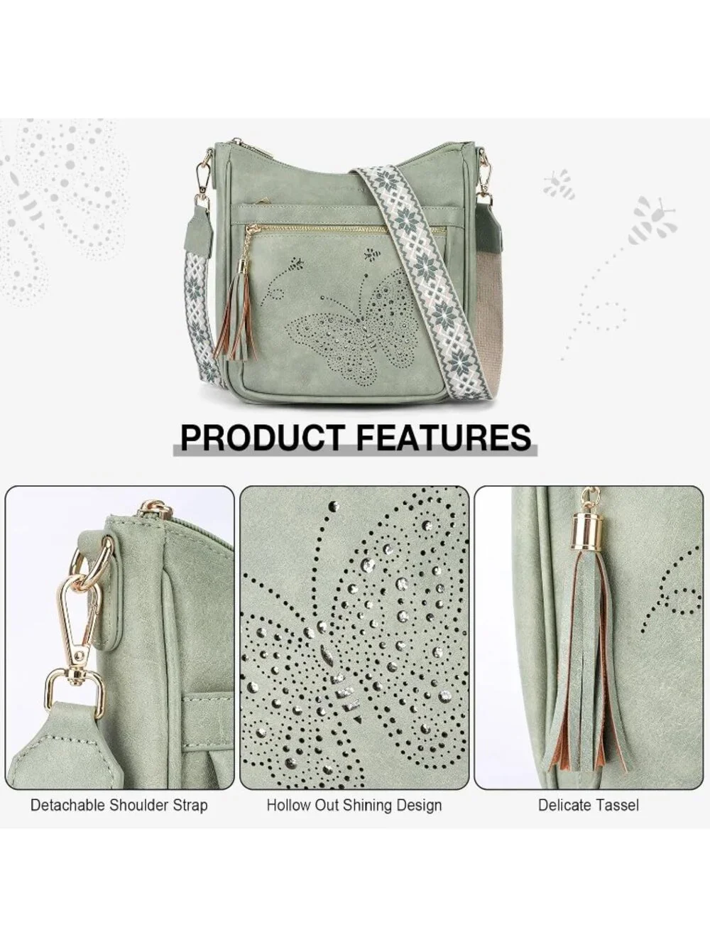 Women's Green Leather Stylish Butterfly Shoulder Crossbody Handbags with Tassel